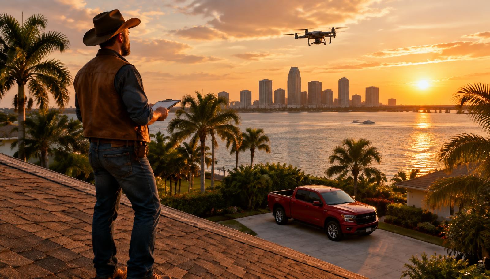 Roofer in a leather vest flying an inspection drone over a Tampa Bay home at sunset