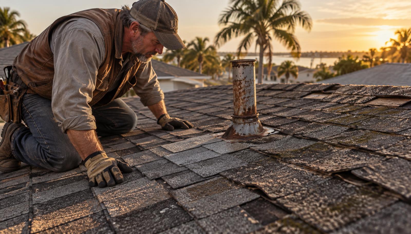 Roofer in a leather vest inspecting a patched section of an aging shingle roof in Tampa Bay at golden hour